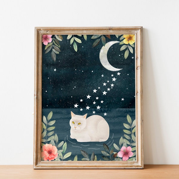 White cat art print, Animal illustration, Cat themed gifts, Kitten painting, Fantasy wall art, Night sky artwork, Cat swimming prints