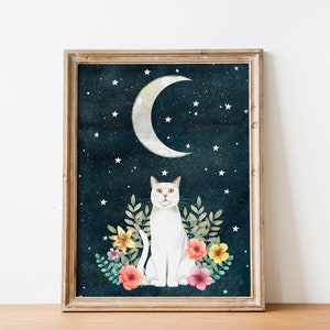 Night cat wall art, White cat art print, Kitten illustration, Moon artwork, Pet portrait, Animal painting, Kids room decor, Cat themed gifts