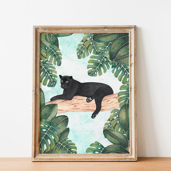 Panther art print, Jungle illustratie, Dierenmuurkunst, Safari schilderij, Tropisch decor, Regenwoud prenten, Panther poster, Dieren kunst