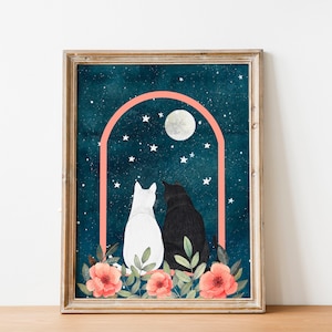Decorazione murale con gatto nero, stampa con gatto bianco, illustrazione di gattino, regali a tema gatto, opera d'arte sulla luna, dipinto del cielo notturno, poster di gatti, decorazioni celestiali