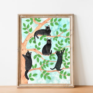 Decorazione murale con gatto nero, illustrazione di gattino, ritratto di animale domestico, stampa di gatti, regali a tema gatto, dipinto di animali, opera d'arte naturalistica, decorazioni per la cameretta dei bambini