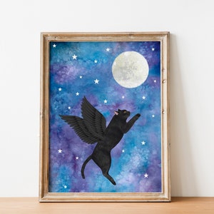Stampa artistica di gatto nero, illustrazione di animali, decorazione murale di gattini, dipinto del cielo notturno, opera d'arte della luna, decorazione murale per bambini, poster di gatti, regali a tema gatto