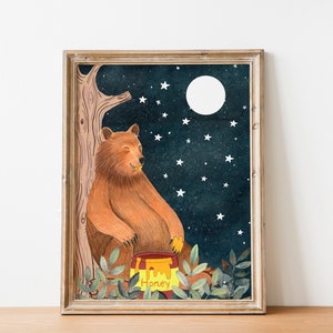 Bären Kunstdruck, Kinderzimmer Wandkunst, Wald Illustration, Wald Malerei, Waldmalerei, Schlafende Tiere, Tier Poster, Nacht Kunstwerk, Babyzimmer Dekor