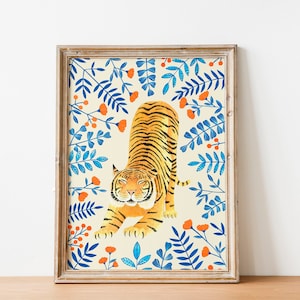 Tiger wall art, Floral tiger print, Jungle illustration, Safari animal poster, Animals painting, Flower wall decor, Boho jungle artwork