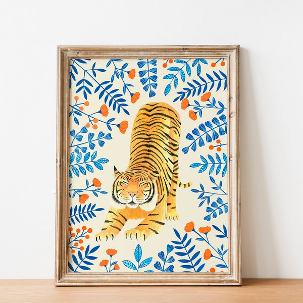 Tiger wall art, Floral tiger print, Jungle illustration, Safari animal poster, Animals painting, Flower wall decor, Boho jungle artwork