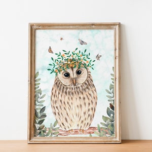 Illustrazione di gufo, illustrazione della foresta, stampa artistica di animali, decorazione per cameretta dei bambini ambientata nel bosco, dipinto di gufi, stampa artistica di animali, decorazione da parete per bambini, poster di gufo