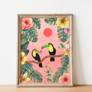 Arte murale con tucani, pittura tropicale, stampa artistica di uccelli, stampe naturalistiche, illustrazioni della giungla, uccelli esotici, decorazioni murali floreali, opere d'arte sulla fauna selvatica