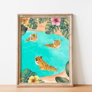 Jungle tiger print, Tigers swimming art, Safari animal poster, Tropical wall art, Animals artwork, Jungle illustration, Kids room decor