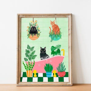 Cat bathroom art, Funny cat print, Animal painting, Kitten illustration, Cat themed gifts, Kids wall decor, Nursery prints, Cats lover gift
