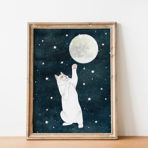 Cat and moon print, White cat painting, Kitten wall art, Animal illustration, Pet portrait, Moon artwork, Celestial wall decor, Kids poster image 1