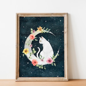 Stampa artistica di gatto bianco, stampa murale di gatto, illustrazione di animali, opera d'arte di gattini, dipinto del cielo notturno, regali a tema gatto, poster della luna, decorazioni per la cameretta dei bambini