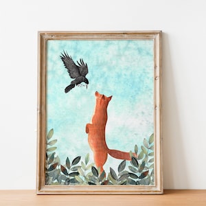 Stampa di volpe e corvo, decorazione murale di volpe, illustrazione di corvo, dipinto di animali, opera d'arte della foresta, decorazioni per camerette, stampe per bambini, animali del bosco