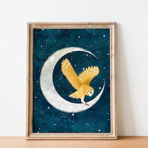 Stampa artistica di barbagianni, stampa murale con luna, opera d'arte della foresta, illustrazione di animali, dipinto di uccelli, decorazione murale per bambini, stampe per la cameretta dei bambini, poster di gufi