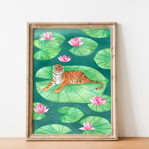 Stampa artistica di tigri, arte murale della giungla, illustrazione di animali, pittura tropicale, animali del safari, decorazioni per camerette, opere d'arte di ninfee, arte di tigri