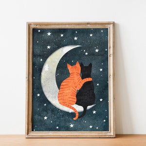 猫と月のプリント、黒猫の壁アート、オレンジ猫の絵画、動物のイラスト、天体アート、子供部屋の装飾、保育園のプリント