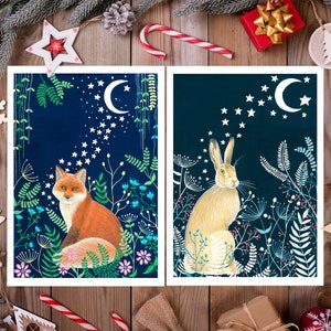 Weihnachtskarten, 10er Kartenset, Sternenhimmel Karte, Fuchsillustration, Himmlische Malerei, 10 Grußkarten, Hase Kunstdruck