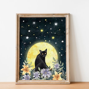 Arte murale con gatto nero, stampa d'arte mistica, illustrazione di gattino, regali a tema gatto, pittura magica, ritratto di animale domestico, opera d'arte sulla luna, stampe fantasy
