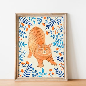 Arte murale con gatto rosso, stampa artistica floreale, dipinto con gatto arancione, illustrazione di gattino, opera d'arte di animali, stampe per bambini, decorazione murale con fiori