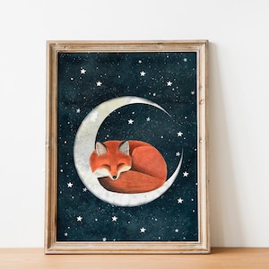 Fuchs Illustration, Mond Bild, Wald Kunstdruck, Waldbild, Mond Bild, Wald Malerei, Waldbild, Kinder Bild, Füchse Poster, Poster