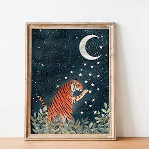 Tiger Nacht Wandkunst, Dschungel Illustration, Tier Kunstdruck, Mond Kunstwerk, Safari Tiere, Babyzimmer Dekor, Sternenhimmel Malerei, Kinderzimmer