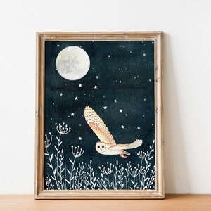 Stampe murali con barbagianni, stampe artistiche di animali, opere d'arte con cielo notturno, dipinti di foreste, opere d'arte con animali selvatici, stampe naturalistiche, illustrazioni di uccelli, decorazioni per camerette per bambini