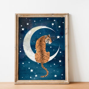 Nacht Tiger Kunstdruck, Dschungel Tiere Wandbild, Mond Kunstwerk, Sternenhimmel Gemälde, Tier Illustration, Tigers Wanddekoration, Mond Sterne Poster