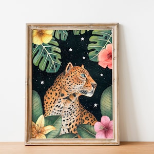 Stampa artistica di leopardo, illustrazione della giungla, decorazione murale tropicale, dipinto di animali, opera d'arte floreale, arte murale per il soggiorno, stampe della foresta pluviale