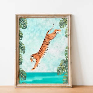 Lámina de tigre para pared, ilustración de la selva, póster de animales de safari, pintura de la selva tropical, obra de arte tropical, láminas para guardería, decoración de pared infantil
