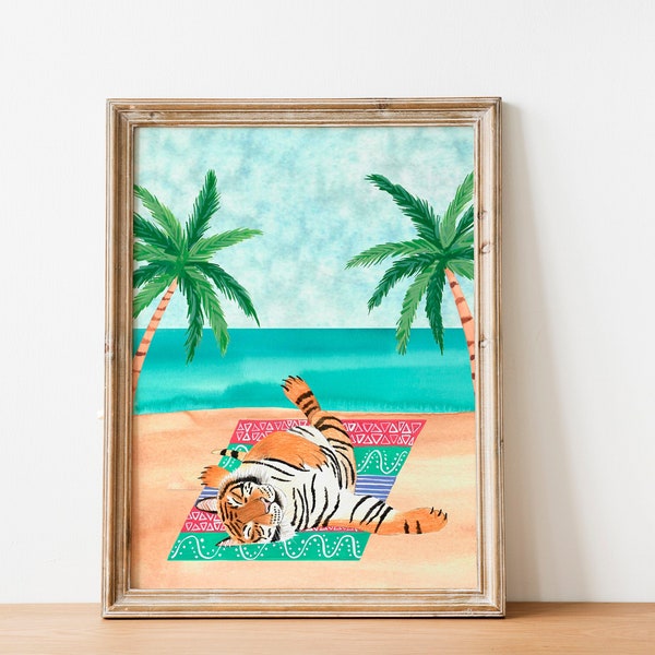 Tiger art print, Beach wall decor, Jungle illustration, Animal painting, Summer artwork, Safari animals, Tigers poster, Kids room decor