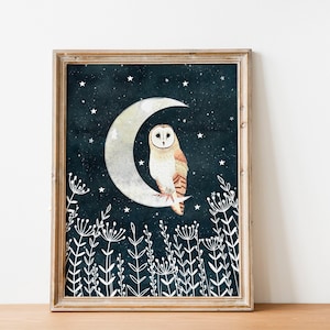 Stampa artistica di barbagianni, stampa murale di animali, dipinto del cielo notturno, regalo per gli amanti dei gufi, illustrazione di uccelli, poster di animali della foresta, opera d'arte sulla fauna selvatica