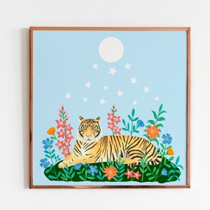 Tiger Kunstdruck, Dschungel Illustration, Safari Wandkunst, Tier Kunstwerk, Blumenmalerei, Tiger Poster, Kinderzimmer Drucke, Natur Wanddeko