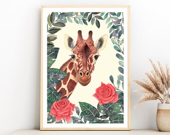 Impression d'art girafe, art mural animal safari jungle, peinture florale