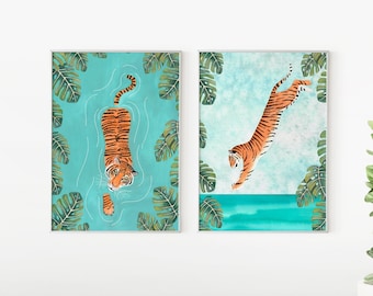 Tiger swimming print, Tigers 2 piece wall art, Jungle painting, Animal illustration, Set of two prints, Safari animals, Rainforest poster