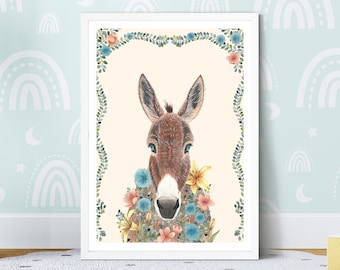 Impression d'art âne, illustration d'animaux, décoration murale florale, impressions pour chambre d'enfant
