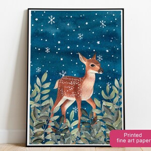 Deer Art Print: Woodland Painting, Winter Poster, Baby Nursery Decor image 1