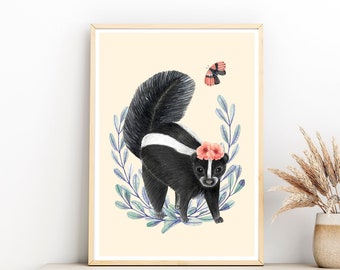 Forest animal print, Skunk illustration, Woodland nursery decor, Floral wall art, Forest artwork, Baby animal poster, Kids room decor