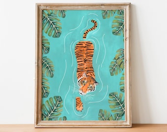 Tijger kunstprint, Jungle illustratie, Dierenmuurkunst, Safari dieren, Tijgers poster, Tropisch wanddecor, Jungle schilderen, Tijger zwemmen