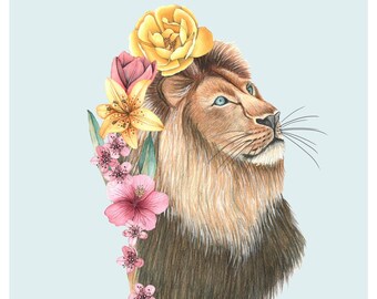 Bloemen leeuwprint, jungleschilderij, muurkunst babydier, decoratie kinderkamer