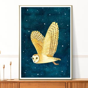 Barn Owl Painting: Celestial Wall Art, Night Sky Print, Woodland Animals
