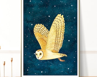 Owl poster, Celestial wall art, Woodland painting, Night sky print, Bird artwork, Kids bedroom decor, Paintings nature, Baby nursery prints