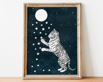 Arte murale tigre, illustrazione della giungla, stampa d'arte animale, opera d'arte Safari, pittura della foresta pluviale, poster grandi felini, decorazioni del cielo notturno, tigre bianca