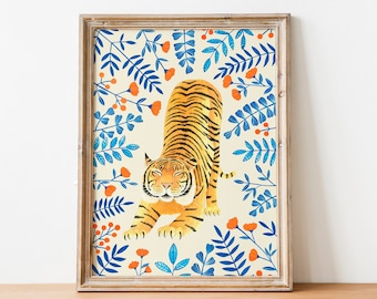 Floral Tiger Art Print: Jungle Animal Poster, Boho nursery decor