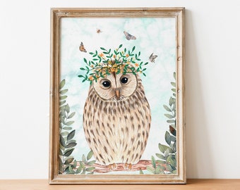 Owl artwork, Forest illustration, Animal wall art, Woodland nursery decor, Owls painting, Animals art print, Baby wall decor, Owl poster