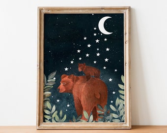 Bear nursery print, Woodland wall art, Animal illustration, Forest animals art, Baby wall decor, Celestial artwork, Night sky painting