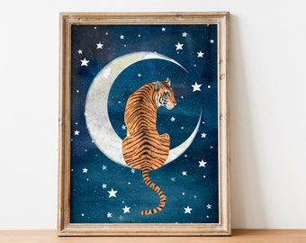 Night tiger art print, Jungle animals wall art, Moon artwork, Starry sky painting, Animal illustration, Tigers wall decor, Moon stars poster