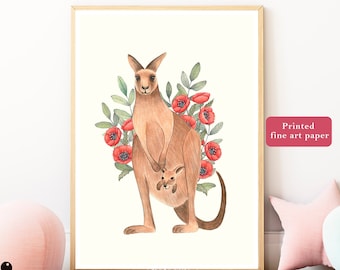 Floral Kangaroo Baby Print, Australian Animal Nursery Decor