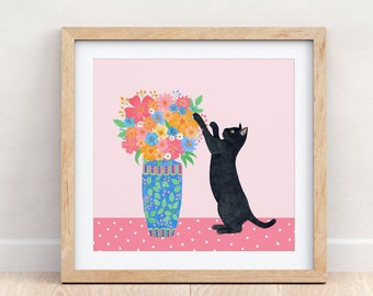 Cat print wall art, Black cat painting, Cat themed gifts, Girl room decor, Kitten illustration, Cats poster, Animal artwork, Pink home decor