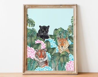 Jungle illustration, Tiger wall art, Panther art print, Leopard artwork, Animal painting, Tropical decor, Safari animals, Rainforest prints