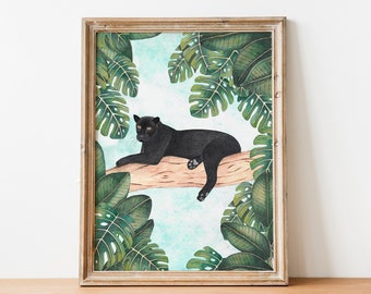 Panther art print, Jungle illustration, Animal wall art, Safari painting, Tropical decor, Rainforest prints, Panther poster, Animals art