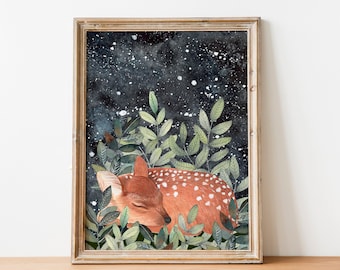 Deer art print, Forest animal wall art, Nursery deer decor, Deer sleeping artwork, Fawn illustration, Woodland animals, Night sky painting